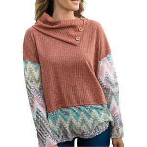 Haptics Hacci Knit Cowl Neck Top Chevron Color-block Tunic 1X NEW